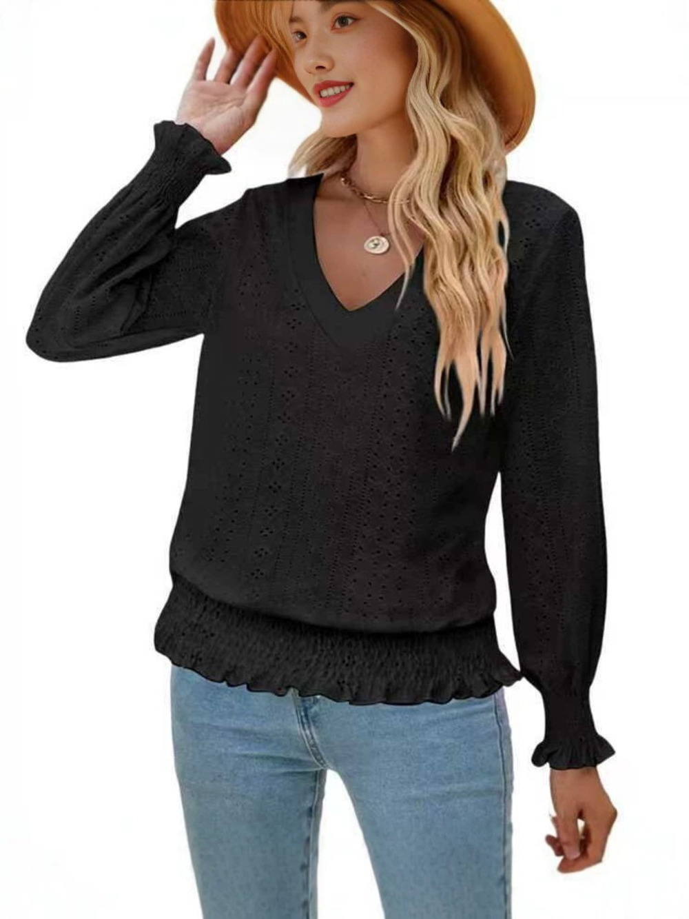 ZARA Womens Knit Hollow Out Collar Long Sleeve Loose Casual Black Sweater